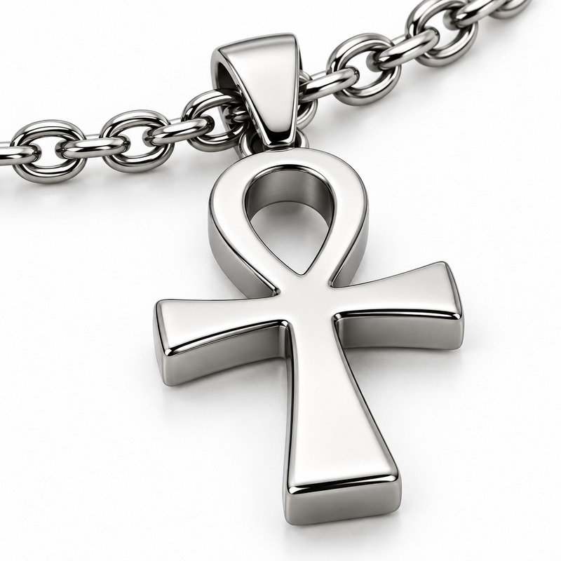 mens silver Stainless Steel ankh pendant necklace, material and craftsmanship close-up