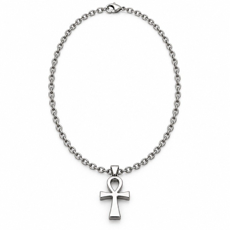 mens silver Stainless Steel ankh pendant necklace, front view on white