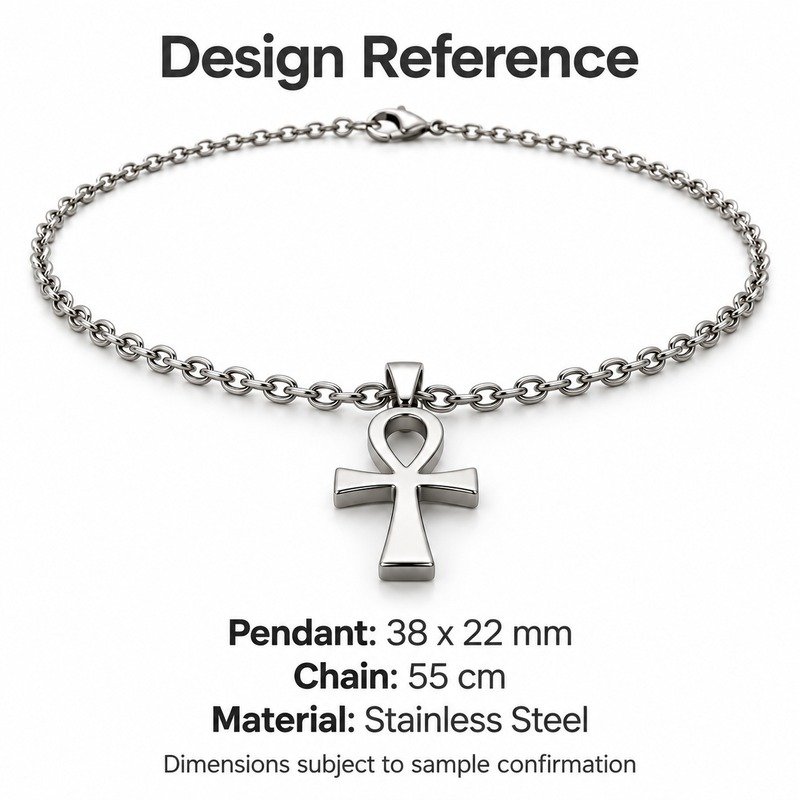 mens silver Stainless Steel ankh pendant necklace, design reference dimensions and material specifications