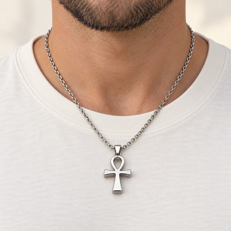 mens silver Stainless Steel ankh pendant necklace, worn by an adult model