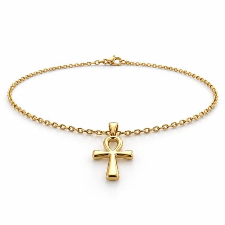 mens gold Stainless Steel ankh pendant necklace, at a 45-degree angle on white