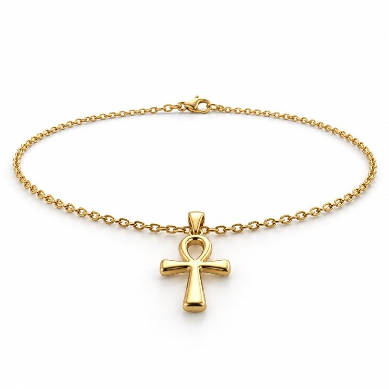 mens gold Stainless Steel ankh pendant necklace, at a 45-degree angle on white