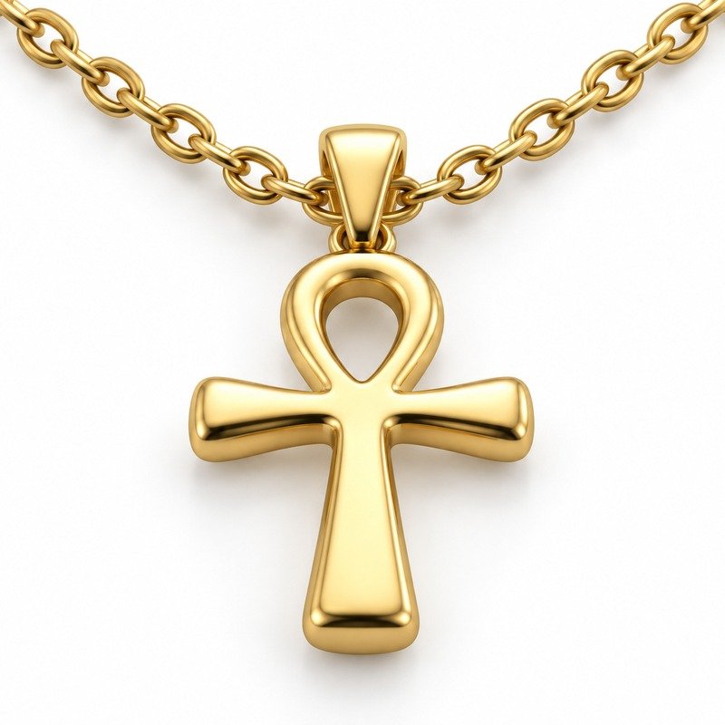 mens gold Stainless Steel ankh pendant necklace, reverse side and connection structure on white