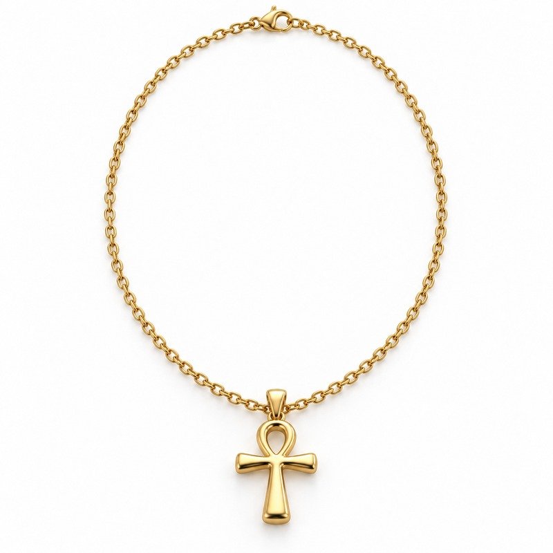 mens gold Stainless Steel ankh pendant necklace, front view on white