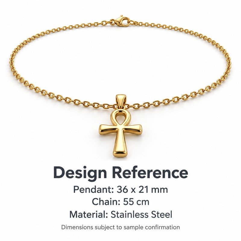 mens gold Stainless Steel ankh pendant necklace, design reference dimensions and material specifications