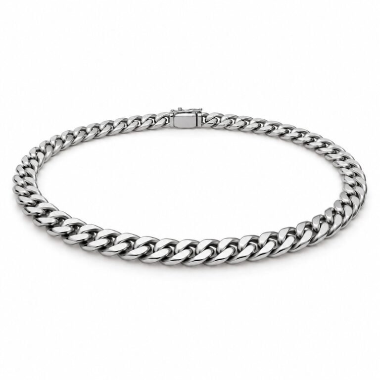 mens silver Stainless Steel 5mm cuban link necklace, at a 45-degree angle on white