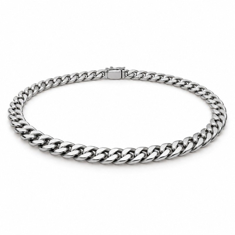 mens silver Stainless Steel 5mm cuban link necklace, at a 45-degree angle on white
