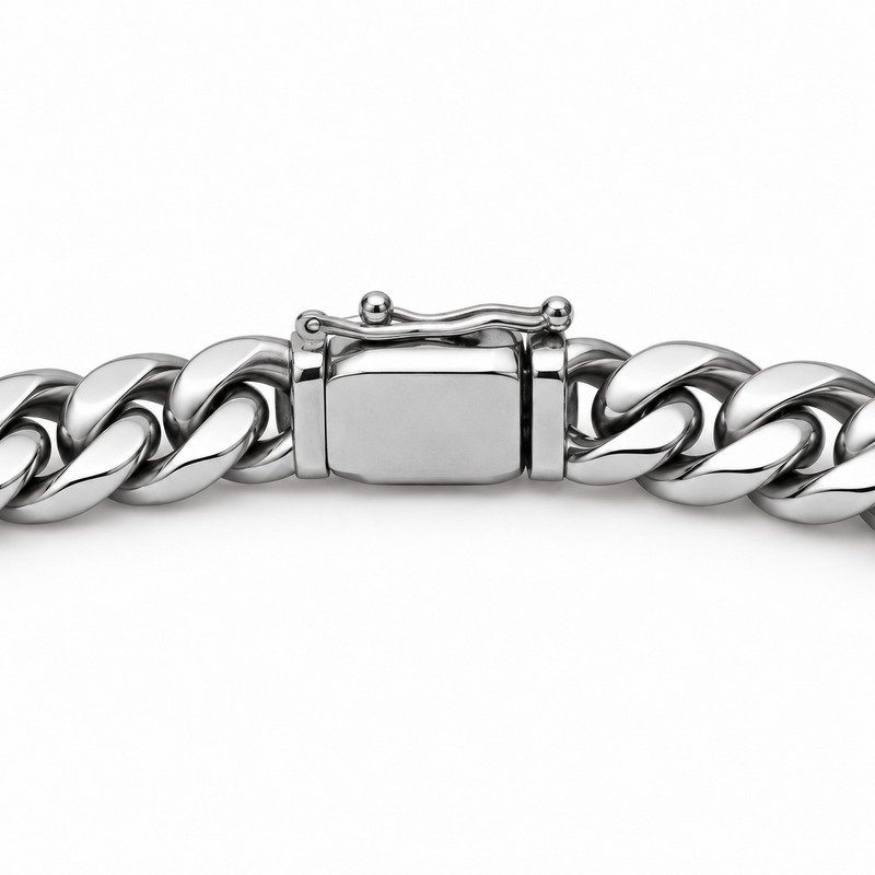 mens silver Stainless Steel 5mm cuban link necklace, reverse side and connection structure on white
