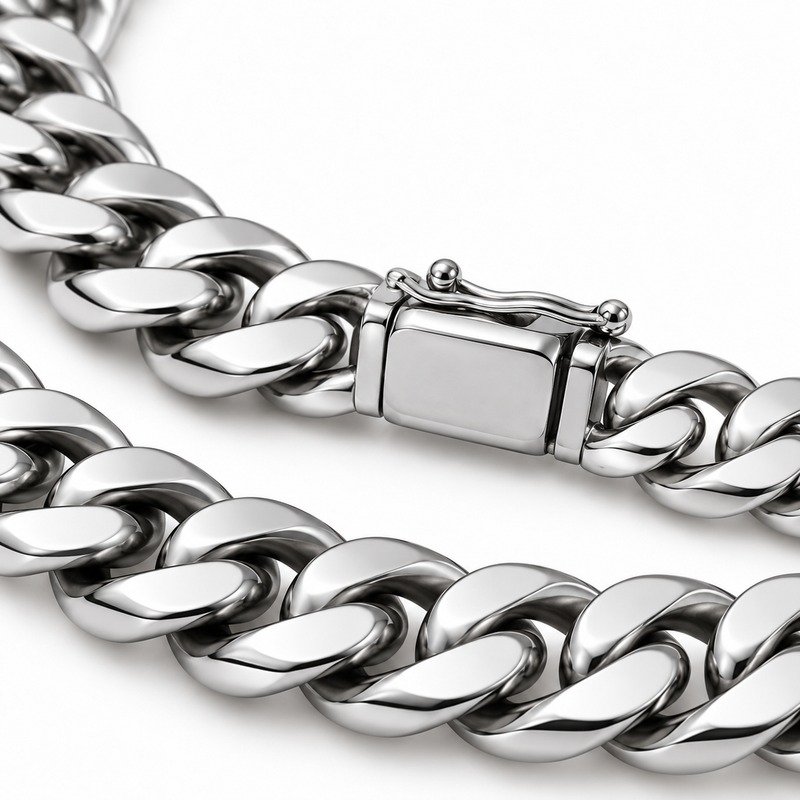 mens silver Stainless Steel 5mm cuban link necklace, material and craftsmanship close-up