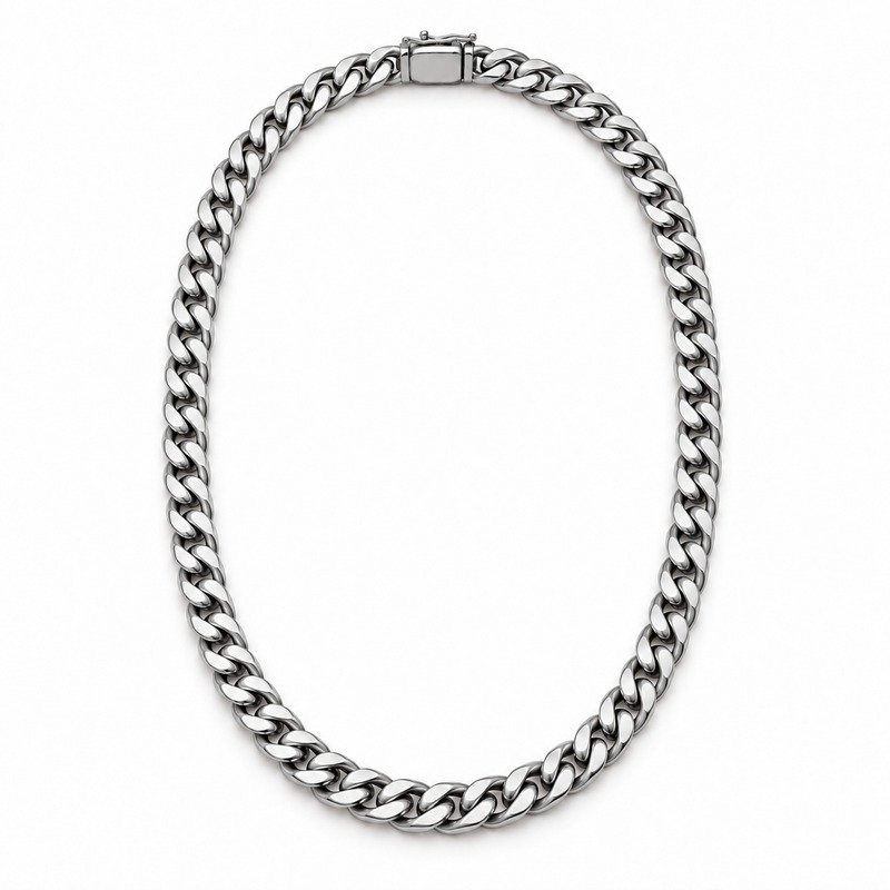 mens silver Stainless Steel 5mm cuban link necklace, front view on white