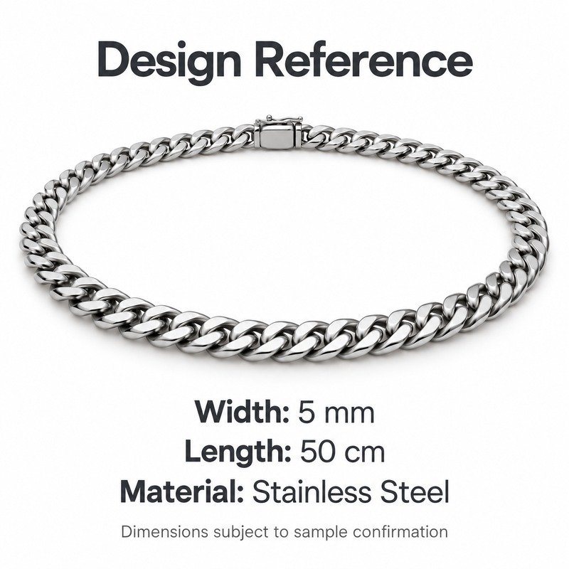 mens silver Stainless Steel 5mm cuban link necklace, design reference dimensions and material specifications