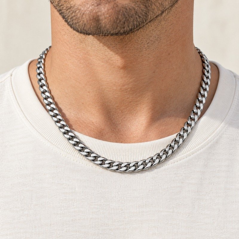 mens silver Stainless Steel 5mm cuban link necklace, worn by an adult model