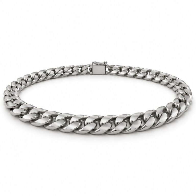 mens silver Stainless Steel 8mm cuban link necklace, at a 45-degree angle on white