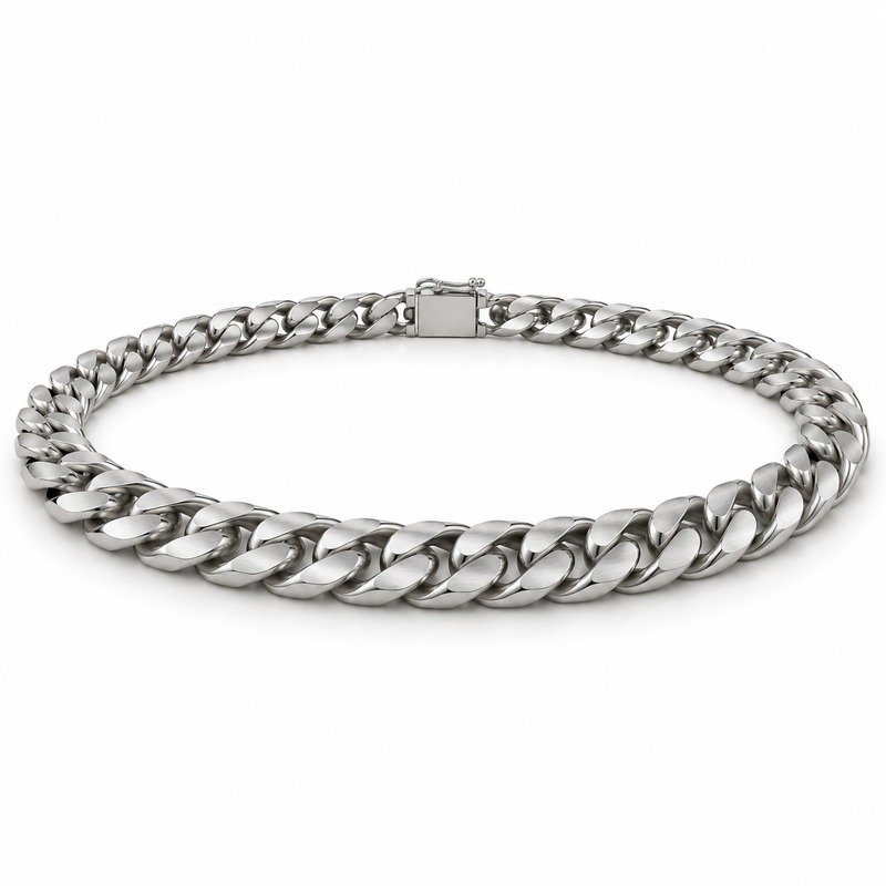 mens silver Stainless Steel 8mm cuban link necklace, at a 45-degree angle on white
