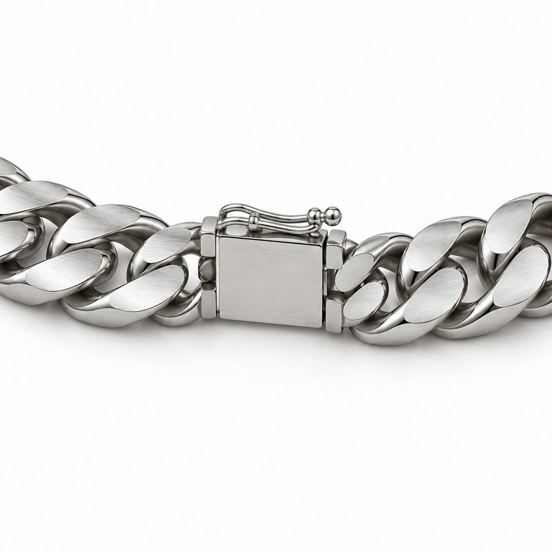 mens silver Stainless Steel 8mm cuban link necklace, reverse side and connection structure on white