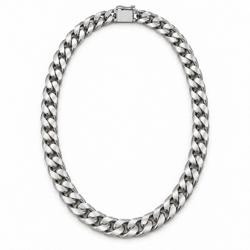 mens silver Stainless Steel 8mm cuban link necklace, front view on white