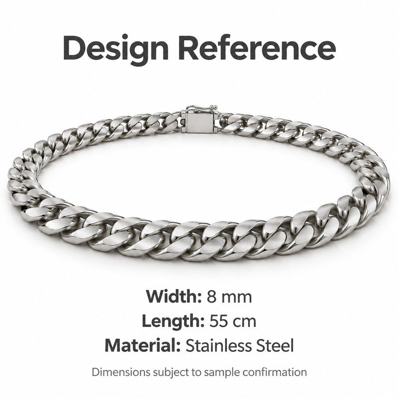 mens silver Stainless Steel 8mm cuban link necklace, design reference dimensions and material specifications