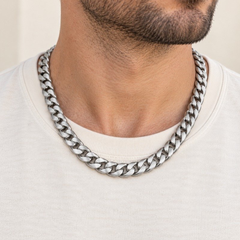 mens silver Stainless Steel 8mm cuban link necklace, worn by an adult model