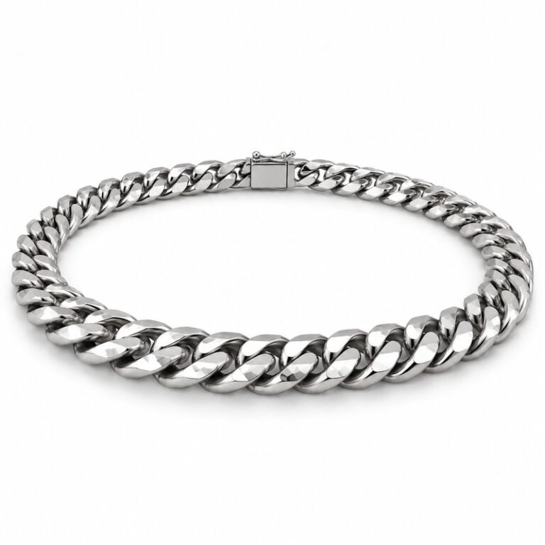 mens silver Stainless Steel 10mm cuban link necklace, at a 45-degree angle on white