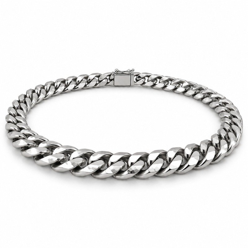 mens silver Stainless Steel 10mm cuban link necklace, at a 45-degree angle on white