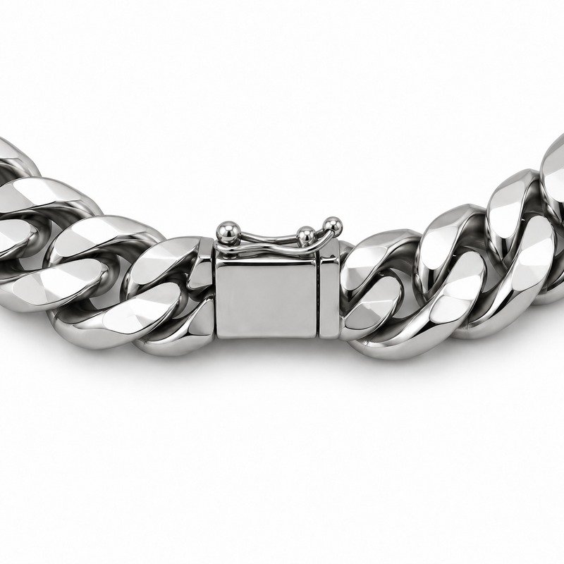 mens silver Stainless Steel 10mm cuban link necklace, reverse side and connection structure on white