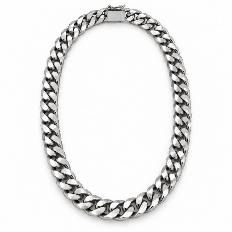 mens silver Stainless Steel 10mm cuban link necklace, front view on white