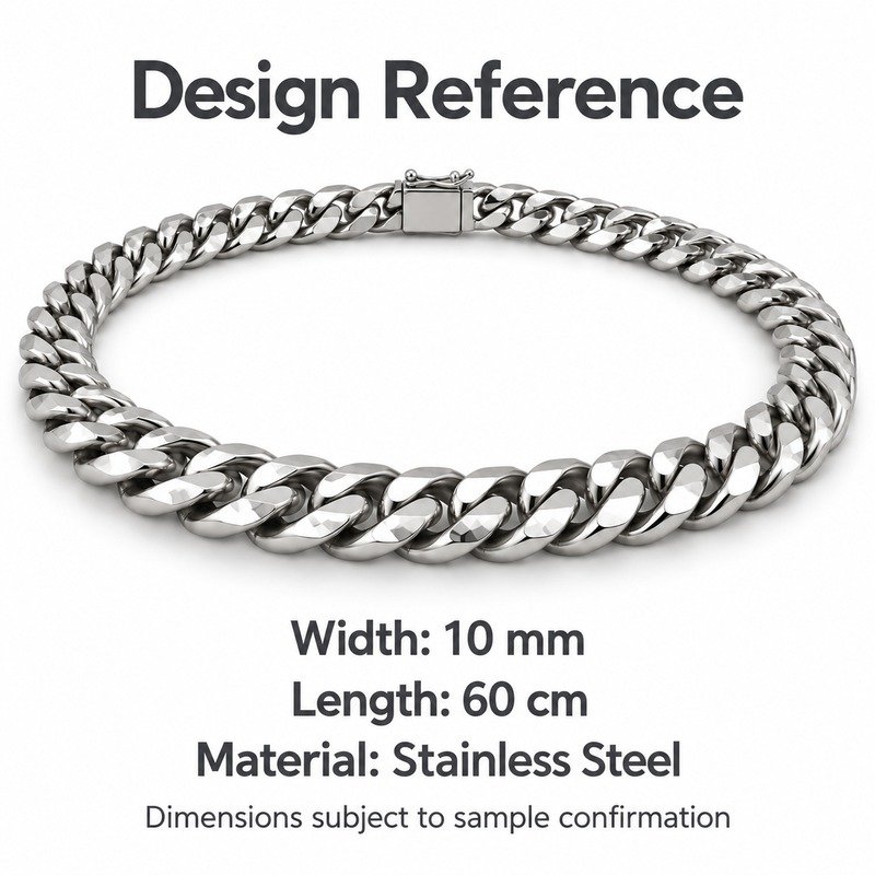 mens silver Stainless Steel 10mm cuban link necklace, design reference dimensions and material specifications