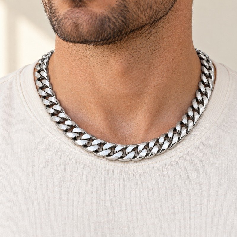 mens silver Stainless Steel 10mm cuban link necklace, worn by an adult model
