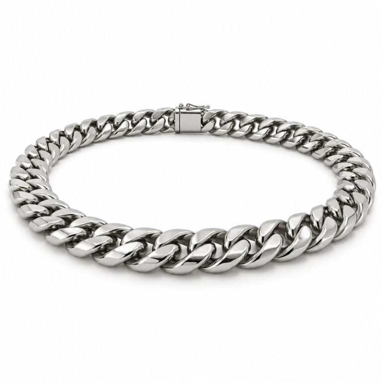 mens silver Stainless Steel 12mm cuban link necklace, at a 45-degree angle on white