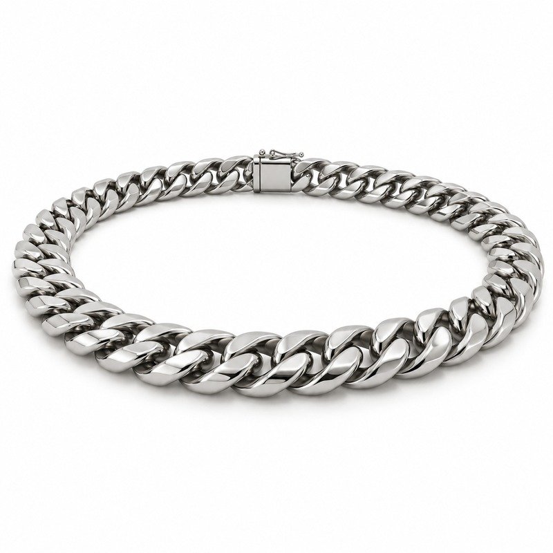 mens silver Stainless Steel 12mm cuban link necklace, at a 45-degree angle on white