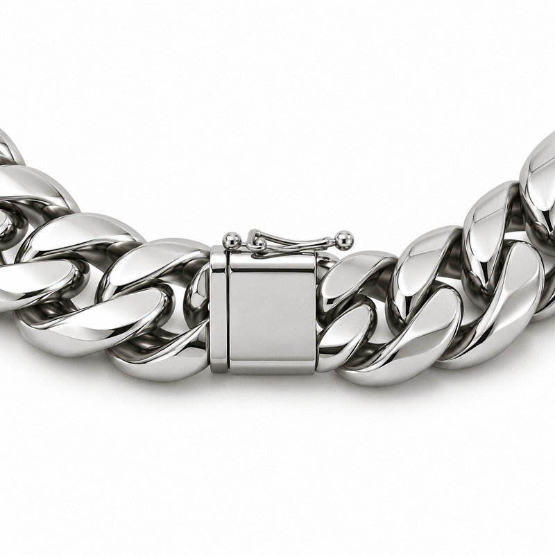 mens silver Stainless Steel 12mm cuban link necklace, reverse side and connection structure on white