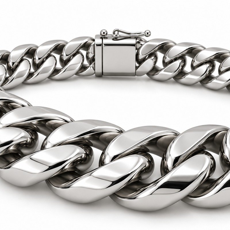 mens silver Stainless Steel 12mm cuban link necklace, material and craftsmanship close-up