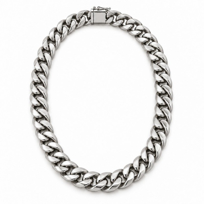 mens silver Stainless Steel 12mm cuban link necklace, front view on white