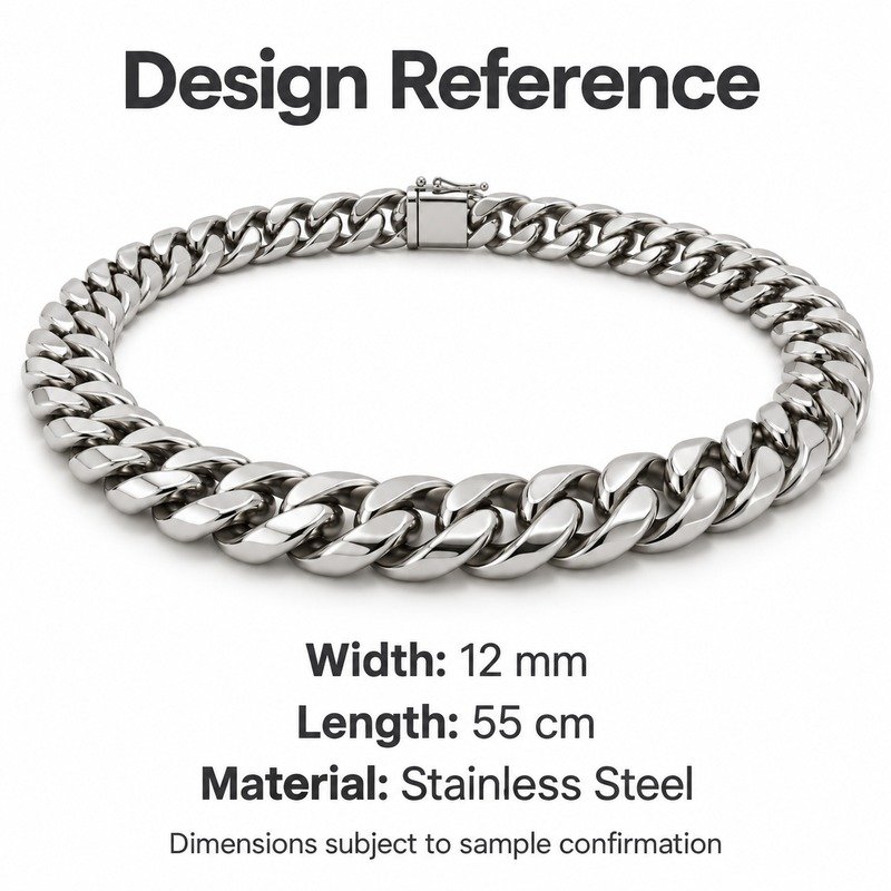 mens silver Stainless Steel 12mm cuban link necklace, design reference dimensions and material specifications