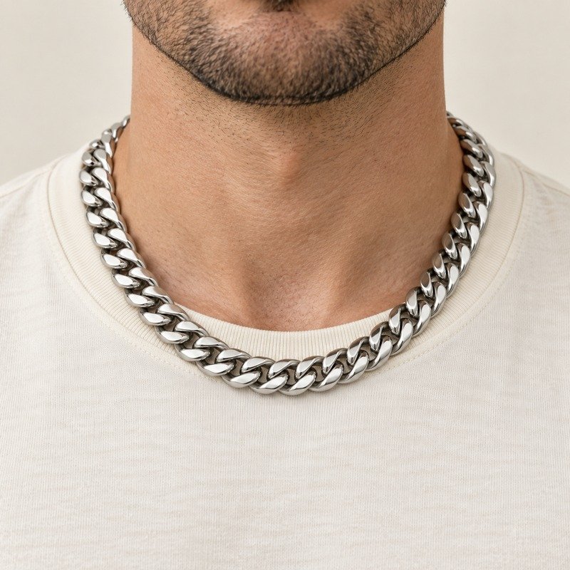 mens silver Stainless Steel 12mm cuban link necklace, worn by an adult model