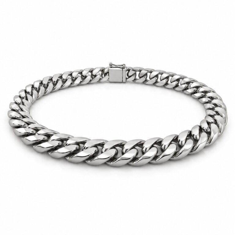 mens silver Stainless Steel 15mm cuban link necklace, at a 45-degree angle on white