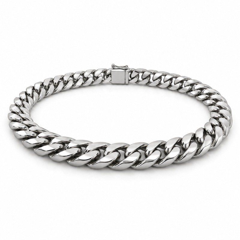 mens silver Stainless Steel 15mm cuban link necklace, at a 45-degree angle on white