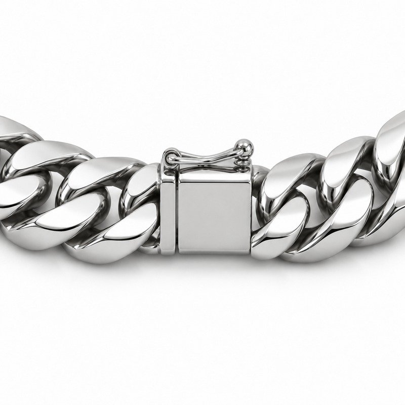 mens silver Stainless Steel 15mm cuban link necklace, reverse side and connection structure on white