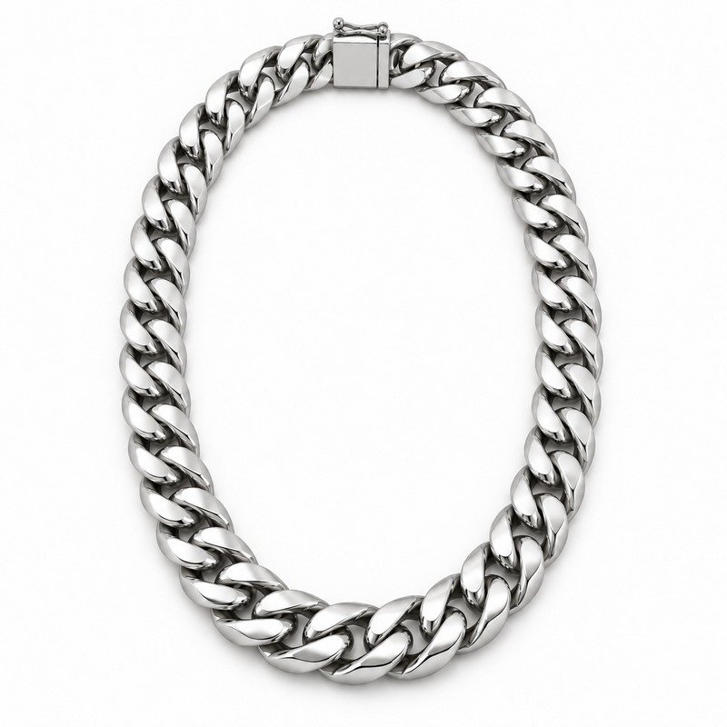 mens silver Stainless Steel 15mm cuban link necklace, front view on white
