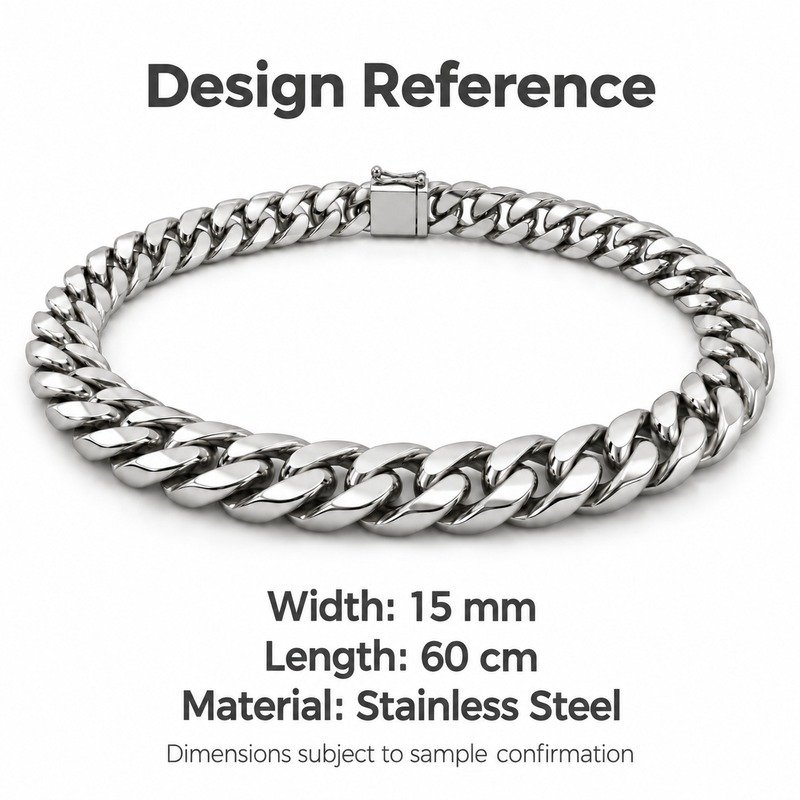 mens silver Stainless Steel 15mm cuban link necklace, design reference dimensions and material specifications