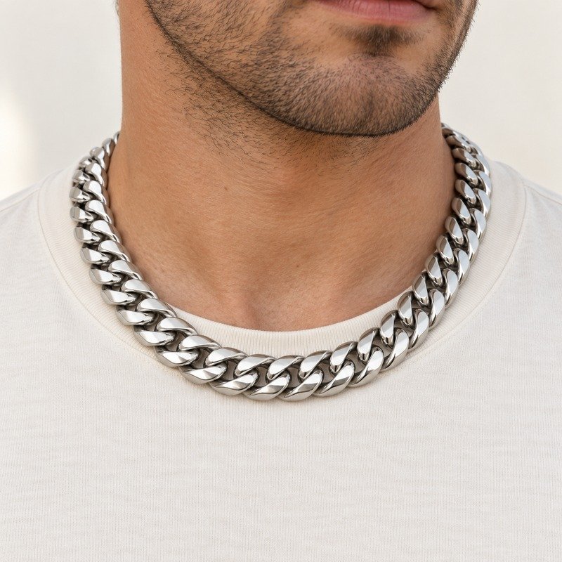 mens silver Stainless Steel 15mm cuban link necklace, worn by an adult model