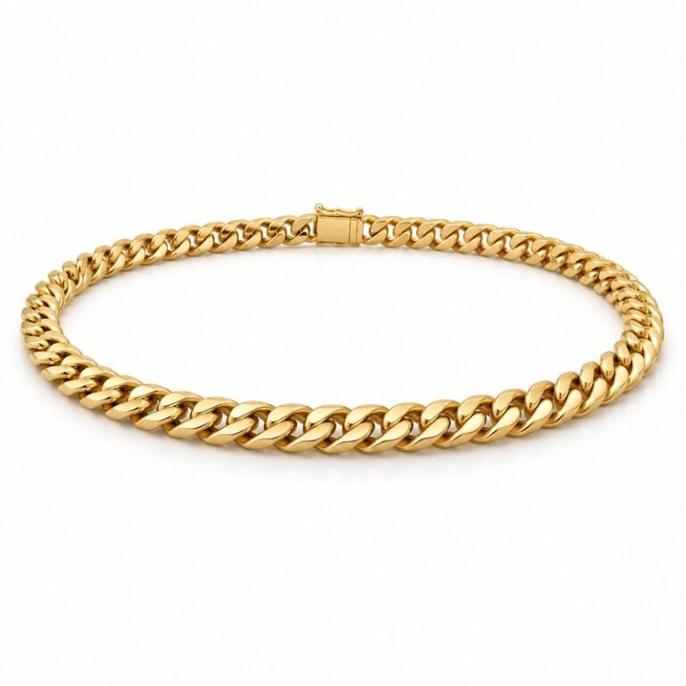 mens gold Stainless Steel 5mm cuban link necklace, at a 45-degree angle on white