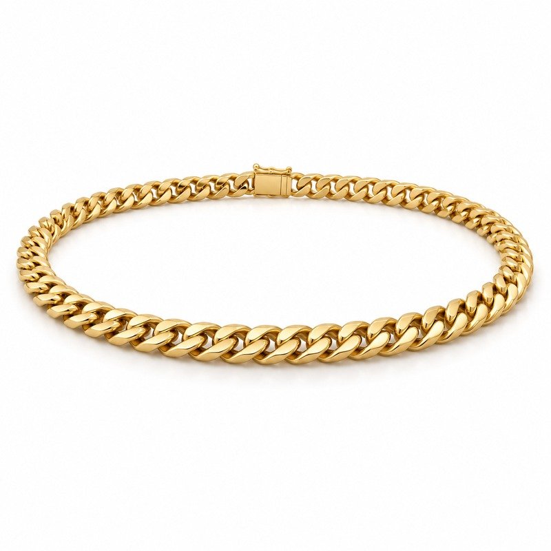 mens gold Stainless Steel 5mm cuban link necklace, at a 45-degree angle on white