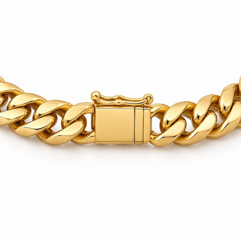 mens gold Stainless Steel 5mm cuban link necklace, reverse side and connection structure on white