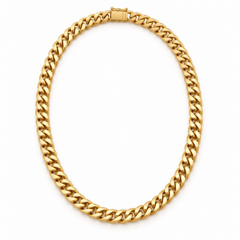mens gold Stainless Steel 5mm cuban link necklace, front view on white