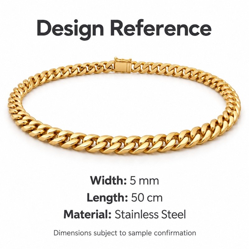 mens gold Stainless Steel 5mm cuban link necklace, design reference dimensions and material specifications