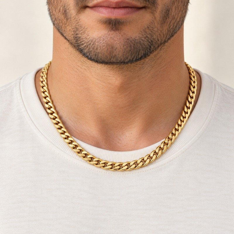 mens gold Stainless Steel 5mm cuban link necklace, worn by an adult model