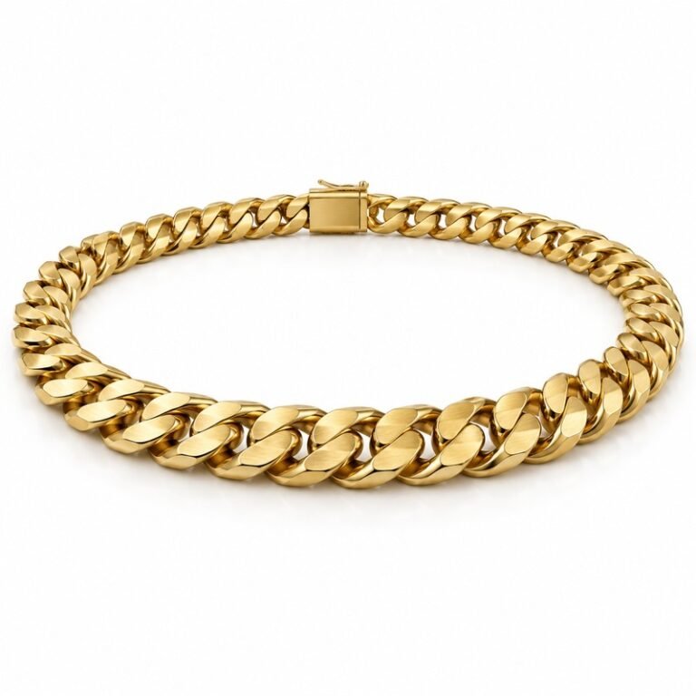 mens gold Stainless Steel 8mm cuban link necklace, at a 45-degree angle on white