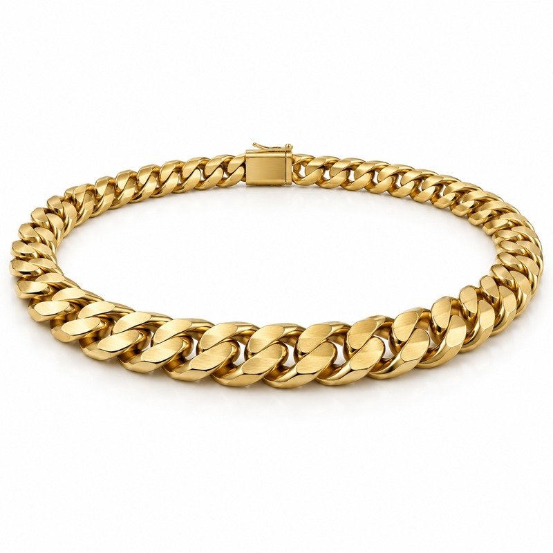 mens gold Stainless Steel 8mm cuban link necklace, at a 45-degree angle on white