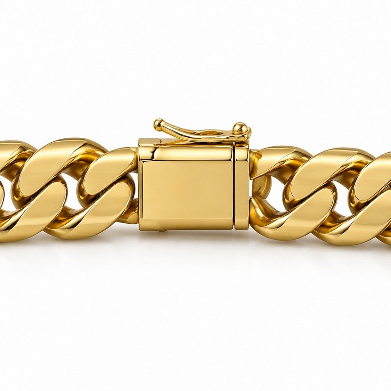 mens gold Stainless Steel 8mm cuban link necklace, reverse side and connection structure on white